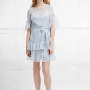 FRENCH CONNECTION Alba Floral Tie Waist Dress In Sea Breeze blue